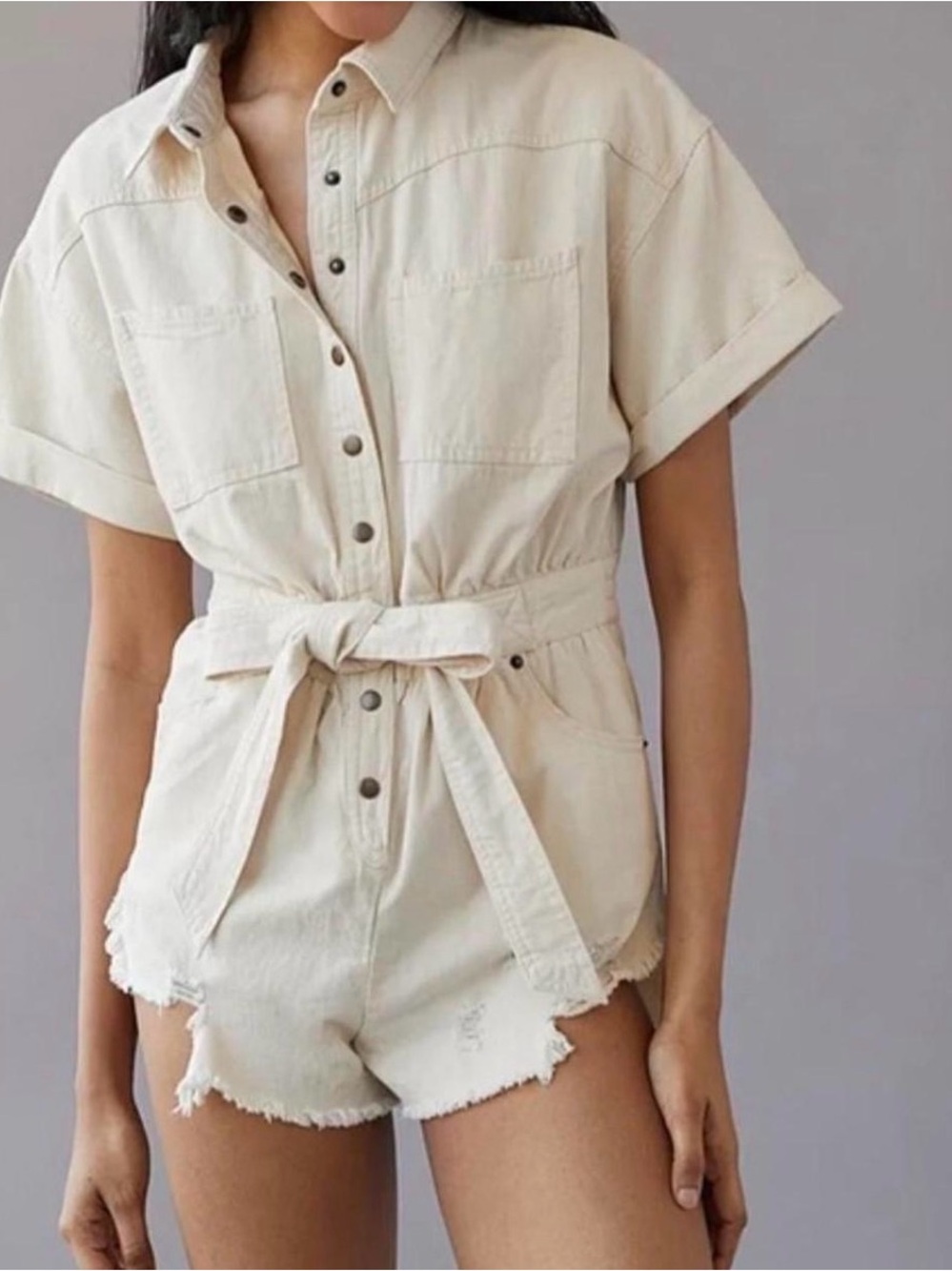 BDG Natural Beige Short-Sleeve Utility Romper